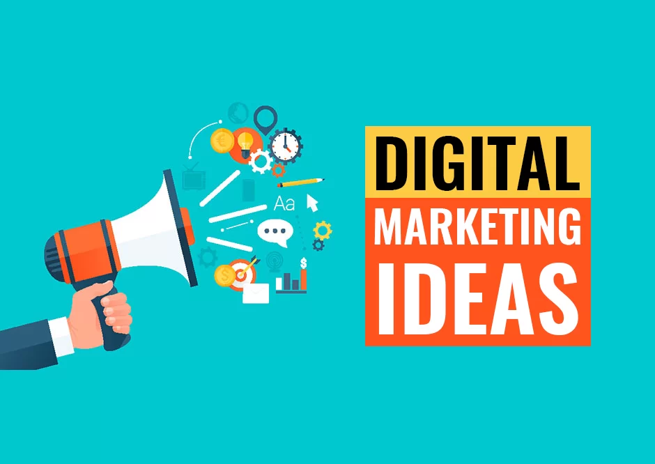 This image is about Digital Marketing Ideas. It shows a person holding a megaphone, which represents online promotion and advertising. Around the megaphone, there are icons like coins, charts, messages, and tools that symbolize different digital marketing activities such as: Social Media Marketing Content Creation Online Advertising SEO (Search Engine Optimization) Email Marketing Business Growth